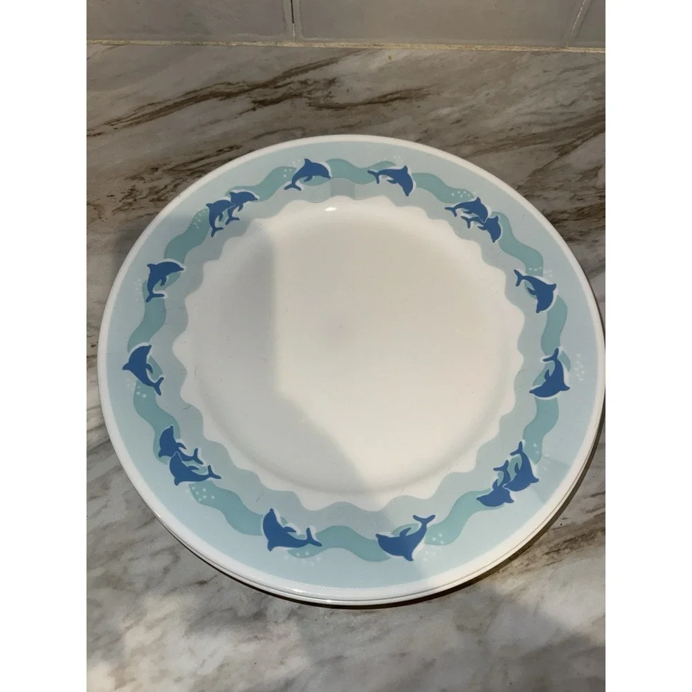 CORELLE CORNING WARE OCEAN DANCING BLUE DOLPHINS PLATES SOUP BOWLS 13 PCS